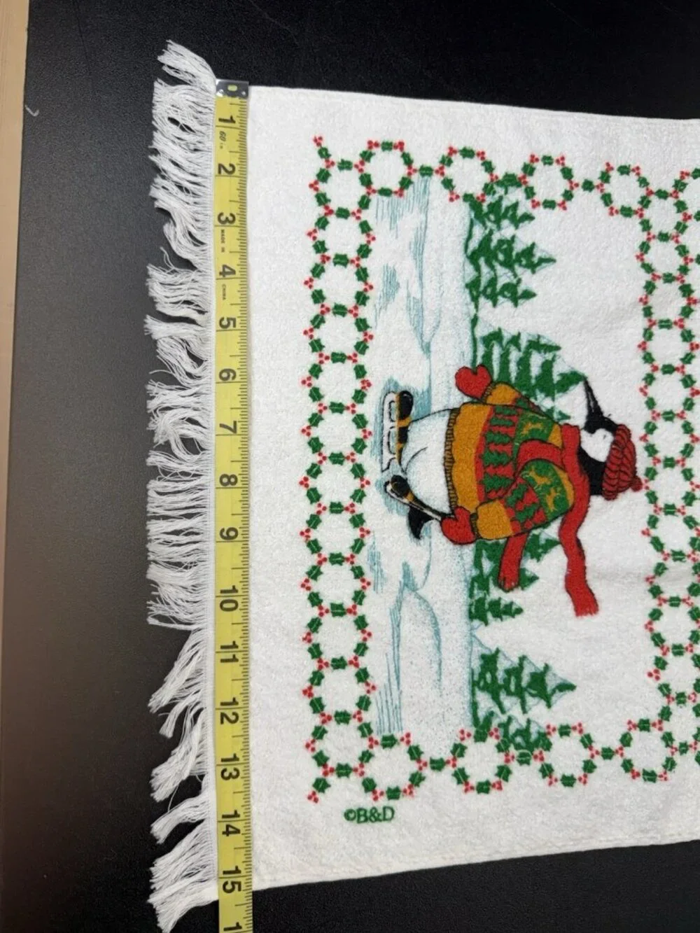 Vintage Kitchen Towel Christmas Ice Skating Penguin Cotton Dish Towel